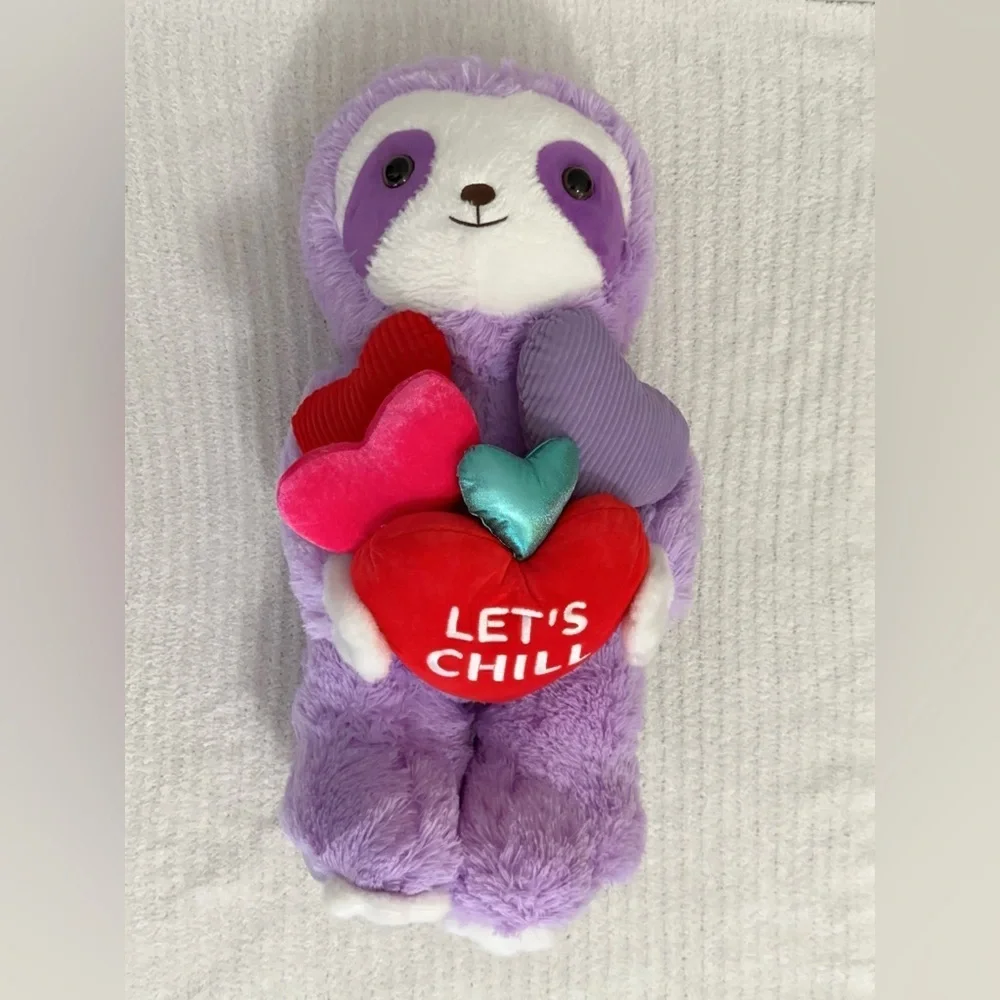 NWOT Purple Sloth Plush Decor with Colorful Hearts